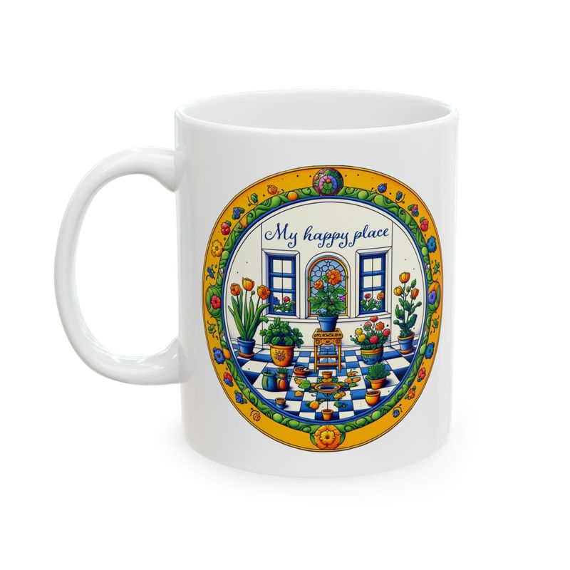 Ceramic plant mug with a Delft-style greenhouse happy place design